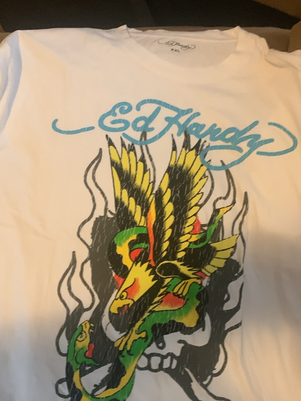 Ed Hardy White Short Sleeve Tee with Multicolor Eagle and Snake Graphic